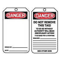 Accuform Signs MDT161CTP Accuform Signs 5 3/4\" X 3 1/16\" Red, Black And White PF Cardstock Safety Tag \"Danger Do Not Remove This